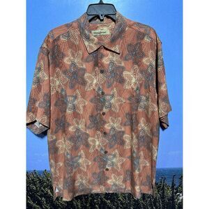 Tommy‎ Bahama Shirt Men's LG 100% Silk Copyright Orange Blue Floral Palm